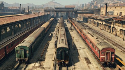 Fototapeta premium A railway depot with rows of trains and clear, open space in the background. The unobstructed area around the depot is perfect for text placement.