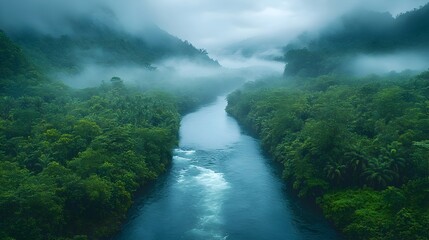 Misty Tropical River Flowing Through Lush Green Jungle Landscape