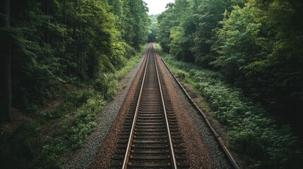 Fototapeta premium A scenic view of railway tracks through a dense forest with a clean, open sky. The clear space around the tracks is perfect for text placement.