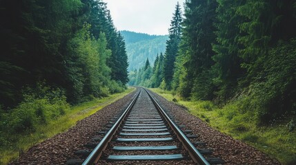 Obraz premium A scenic view of railway tracks through a dense forest with a clean, open sky. The clear space around the tracks is perfect for text placement.