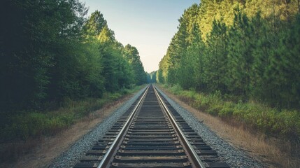 Fototapeta premium A scenic view of railway tracks through a dense forest with a clean, open sky. The clear space around the tracks is perfect for text placement.