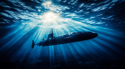 A modern submarine navigating underwater in the ocean