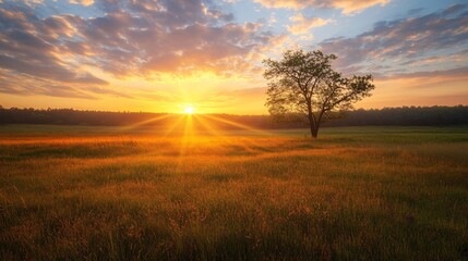 Solitary Tree in a Golden Field at Sunset