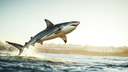 A shark captured mid-leap out of the water with a clear sky in the background. The open space around the action offers ample copy space.