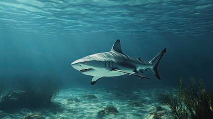 Fototapeta premium A shark patrolling the ocean floor with a wide-open background. The clean, unobstructed water around the shark provides room for copy.
