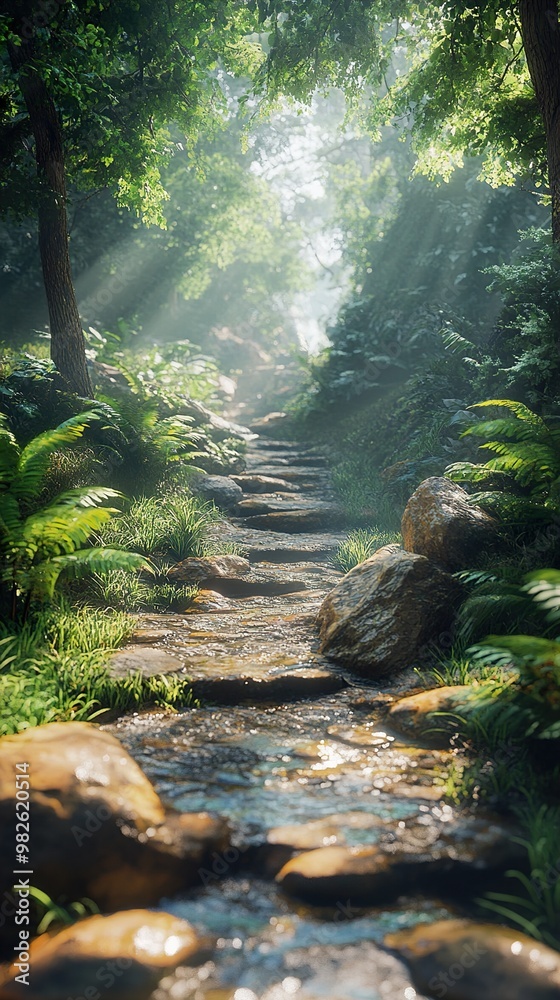 Poster sunlit forest path with stream - tranquil nature photography