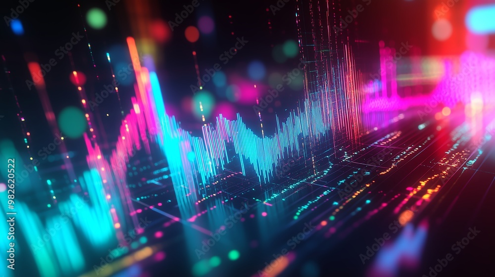 Poster colorful digital wave patterns representing sound frequency analysis in a modern abstract style at n