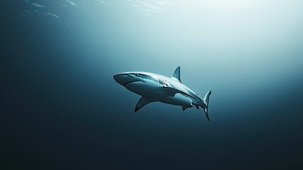 Fototapeta premium A sleek shark moving rapidly through deep ocean waters with a clean, empty backdrop. The clear space around the shark is ideal for adding text.