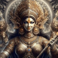 Obraz premium Hindu Goddess Durga Maa Adorable and Fierce Illustration | Devotional AI-Generated Art with Angry Look