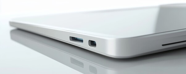 Close-up of a sleek laptop edge showing USB and headphone ports on a minimalist design.