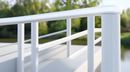 Fototapeta premium Close-up of a white railing on a bridge, showcasing its smooth curves against a serene natural backdrop.