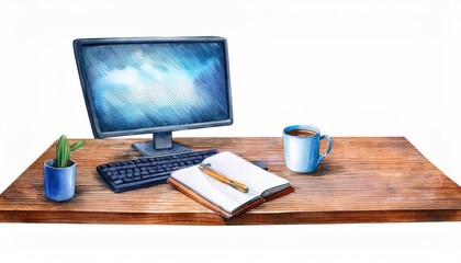 A neat workspace featuring a computer, notebook, coffee mug, and plant on a wooden desk, ideal for productivity and creativity. Watercolor illustration, isolated on white background