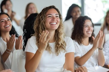 Obraz premium Group of cheerful young women celebrating and applauding with excitement and joy