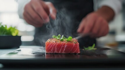 A tuna dish being garnished by a chef in a modern kitchen with a clean background. The ample space around the preparation area is ideal for copy.