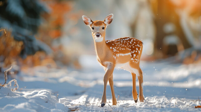 Cute deer running on snowy forest road, in fairy tale time before Christmas, real wildlife view