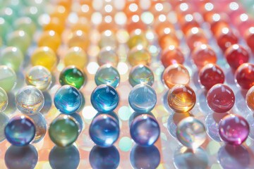 Colorful marbles perfectly arranged in a grid on a shiny surface with light reflections.