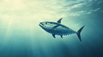 Fototapeta premium A tuna swimming underwater with a clean, unobstructed ocean background. The open space around the fish is perfect for adding copy.