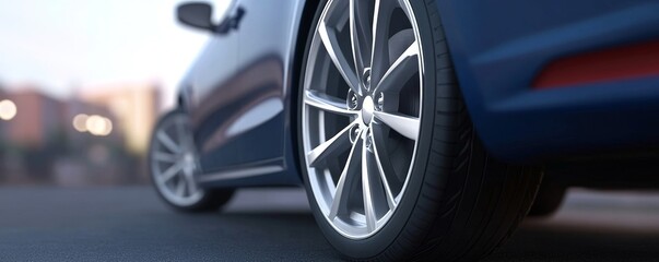 Close-up shot of a stylish car wheel, showcasing its alloy design and tire details, highlighting automotive craftsmanship.