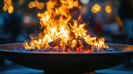 A vibrant fire in a fire pit with large, bright flames and a blurred background. The open space around the fire is ideal for text placement.