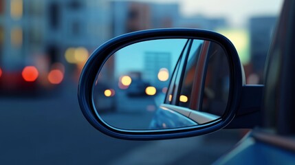 Close-up view of a car's side mirror reflecting city lights in the evening, capturing a sense of travel and adventure.