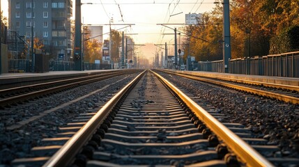 Fototapeta premium A view of railway tracks passing through an urban area with a clean, open background. The unobstructed space around the tracks is ideal for text.