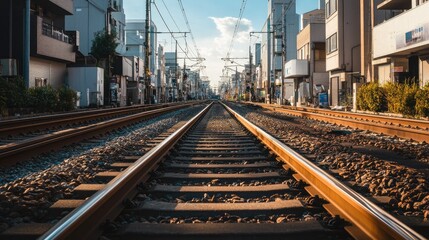 Fototapeta premium A view of railway tracks passing through an urban area with a clean, open background. The unobstructed space around the tracks is ideal for text.