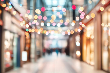 Fototapeta premium Vibrant bokeh background in a busy mall, with colorful lights creating a warm, festive atmosphere, perfect for a modern urban lifestyle. Blurred defocused background