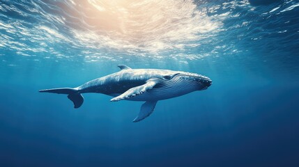 Naklejka premium A whale gliding smoothly through the water with a clean, expansive ocean background. The ample open space around the whale is perfect for text placement.