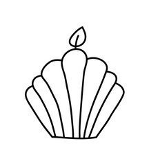 Doodle burning dopamine style outline shell candle. Hand drawn aesthetics line candlestick decor isolated on white background. Holiday, Valentines Day, Birthday, Christmas, church symbol. Vector