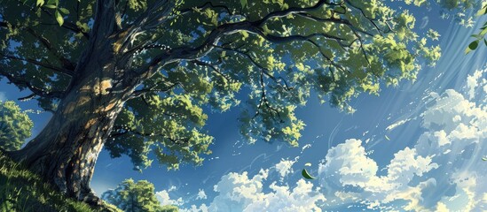 Under The Shade Of A Big Tree And Green Leave With Blue Sky