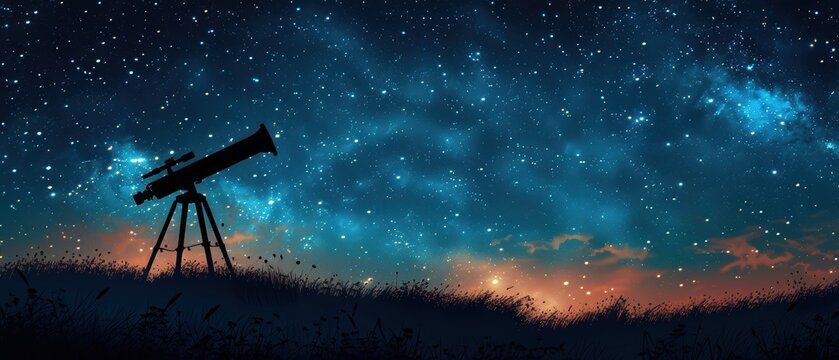 A silhouette of a telescope on top of a hill, with a starry sky background, at night, in a blue and black color theme, in an illustration style, as a vector art piece, with a simple design, high resol