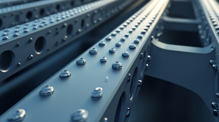 Close-up view of metal beams showcasing rivets, highlighting industrial design and structural integrity.