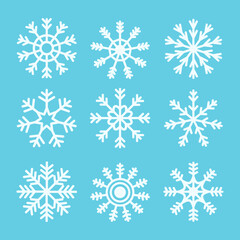 White snowflake icon set. Different shape. Snowflakes collection. Cute funny snow flake winter sign symbol template. Childish style. Flat design. Isolated. Blue background. Vector illustration