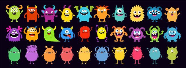 Cute monster icon set. Happy Halloween. Cartoon kawaii colorful scary funny character. Eyes, tongue, hands up. Baby collection. Childish style. Sticker print. Flat design. Black background. Vector © worldofvector