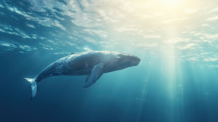 A whale swimming gracefully underwater with sunlight filtering through the water. The clear space around the whale offers plenty of room for text.