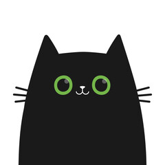 Cat face. Kitten with green eyes. Black silhouette icon. Cute cartoon pet baby character. Funny kawaii animal. Sticker print. Greeting card. Childish style. Flat design. White background. Vector