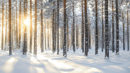 Fototapeta premium A snowy forest with trees and a sun shining through the trees