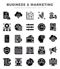 Business & Marketing Icons Pack. Glyph icons set. Glyph icon collection set.