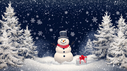 Fototapeta premium Snowman with Top Hat and Red Scarf in Snowy Night Scene