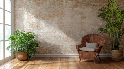 Obraz premium Cozy interior space featuring a rattan chair, indoor plants, and textured brick wall bathed in soft natural light