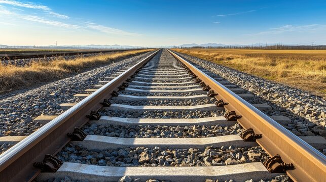 A wide-angle view of railway tracks running parallel with a clean, distant horizon. The ample space around the tracks is ideal for adding text.