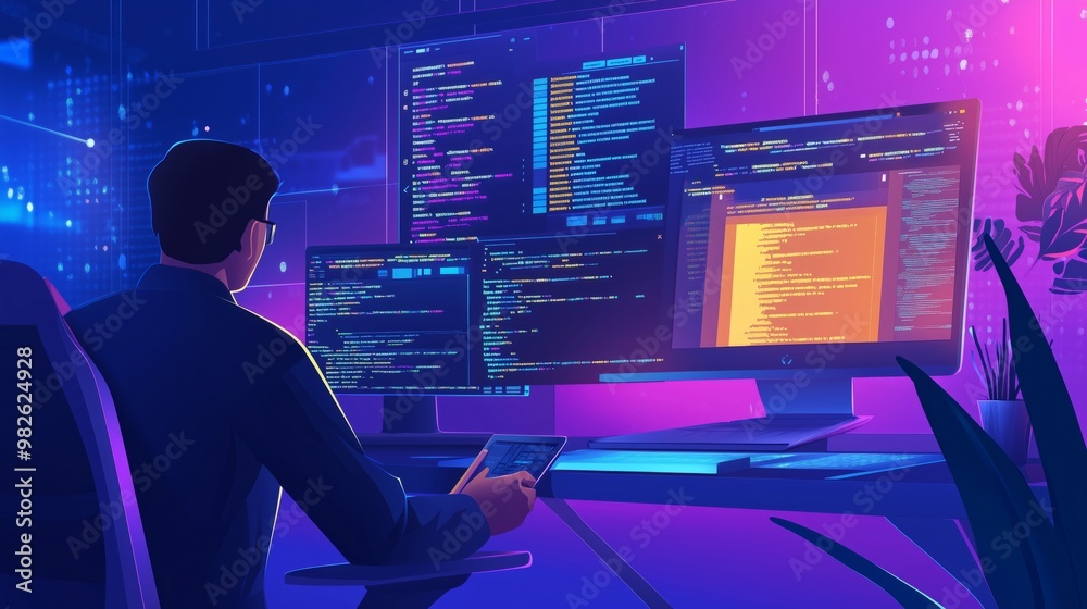 Poster web development concept with people scene for web. man working with code, programming and creates pa