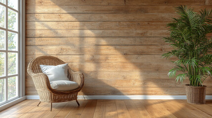 Cozy corner in a sunlit room featuring a wicker chair and potted plant with natural wooden walls and warm wooden flooring