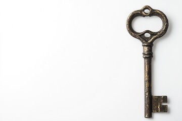 Antique key on white background with copy space