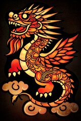 Mythical Chinese Dragon with intricate details, flames, clouds and wings on black background