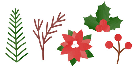 クリスマスの手書きの風合いの植物セット