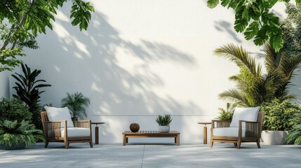 Fototapeta premium Backyard patio of a modern home with a blank wall, ideal for copy. Stylish outdoor furniture and vibrant plants frame the scene.