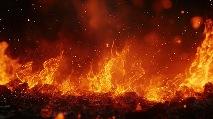 Bright, crackling fire flames against a dark backdrop. The open space around the flames creates a dramatic effect with ample room for copy.