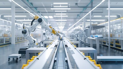 Naklejka premium Robots work on factory conveyor belts