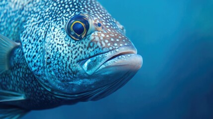 Detailed close-up of a sea fish with an intricate scale pattern, set against a serene blue ocean backdrop